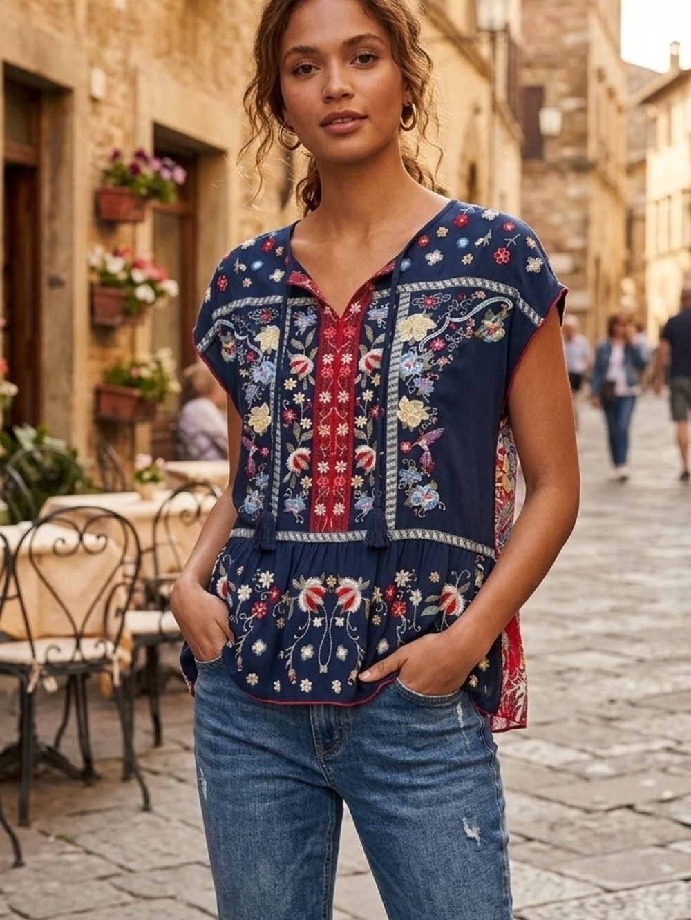 John Mark Navy Embroidered Floral Tunic with Red Accents